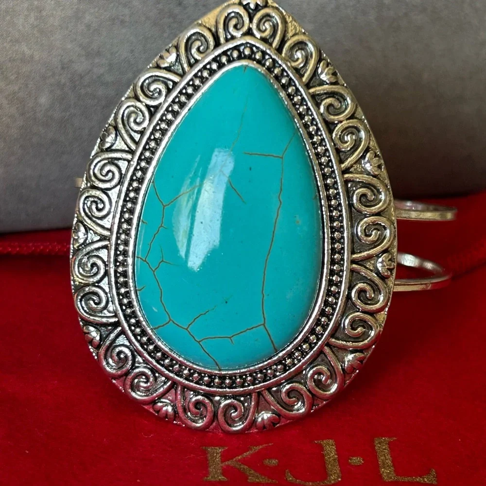 Vintage Kenneth Jay Lane Turquoise  Teardrop Stone Silver-Tone Cuff Bracelet - Picture 3 of 8